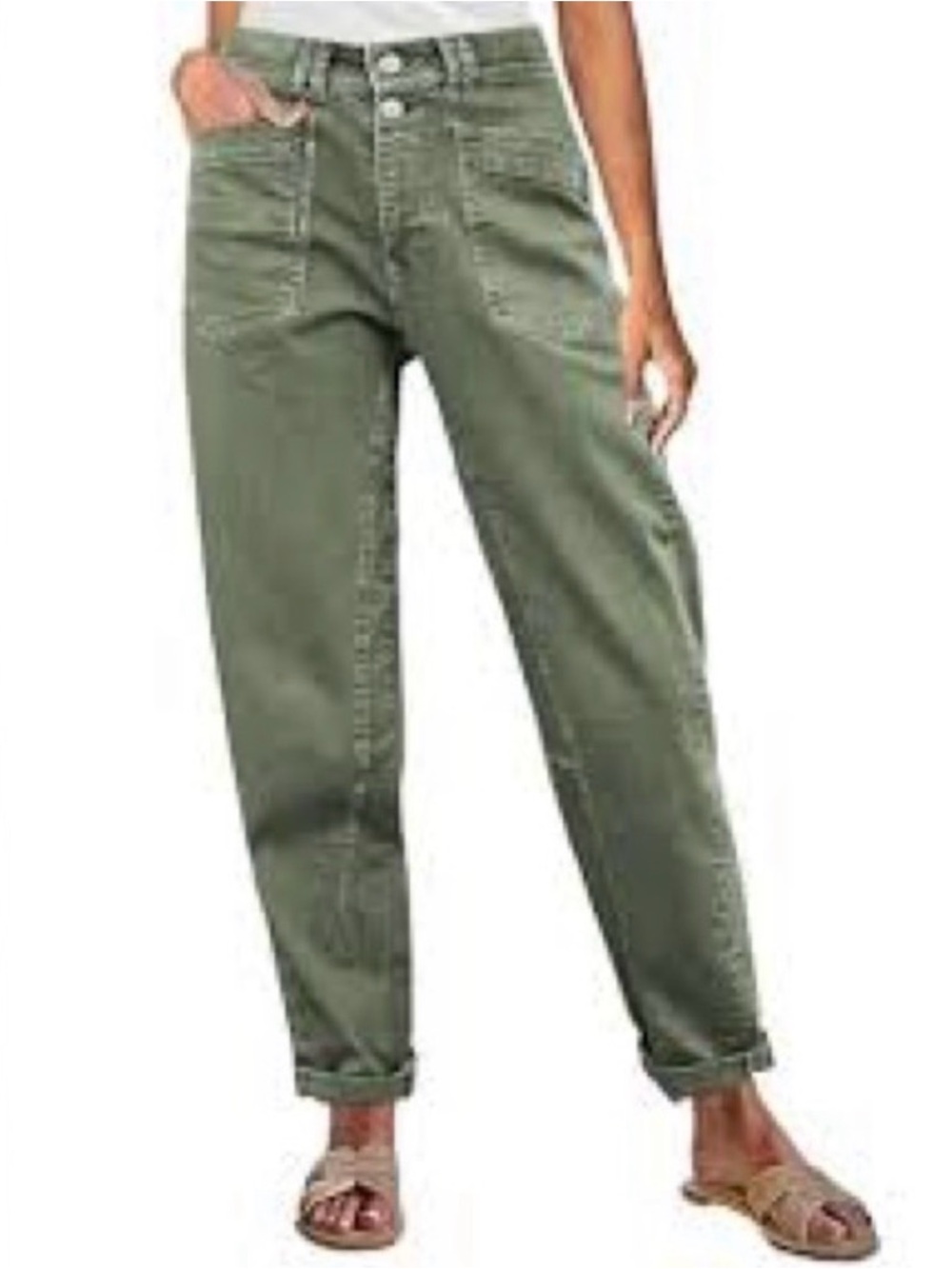 NWT! Flamingals Olive High-Waist Relaxed Barrel Fit Cuffed Jeans. Size XL.